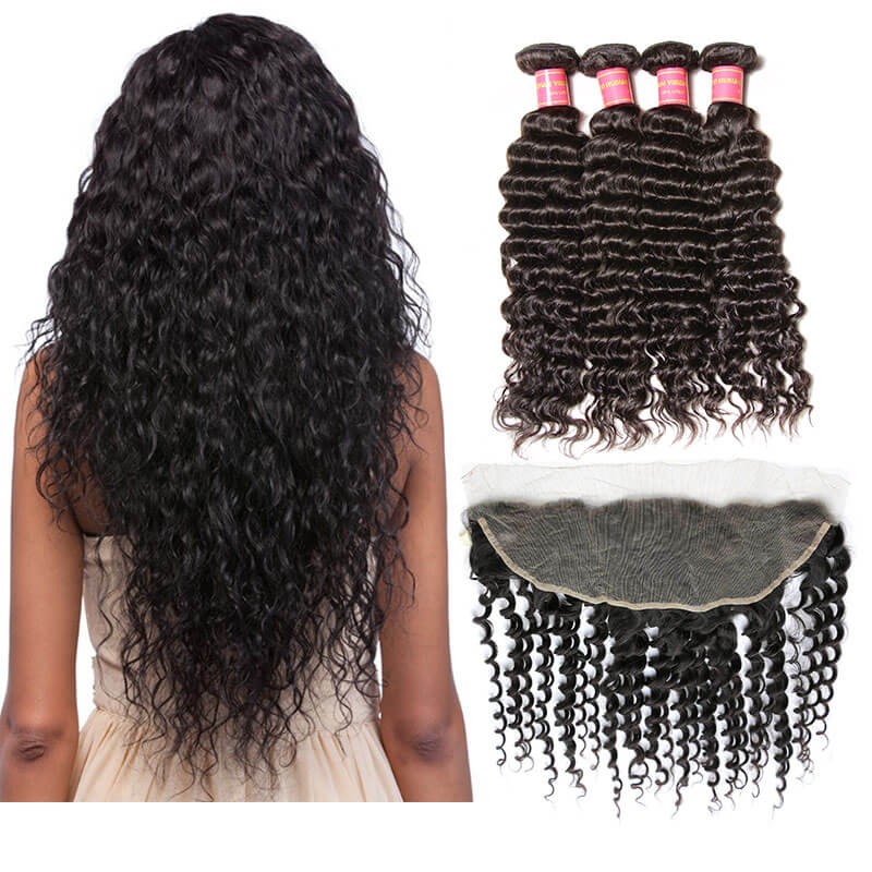 Idolra Deep Wave Virgin Hair Weave 4 Bundles With Lace Frontal Closure 13x4 Thick Hair Bundles With Frontal For Sale [285]